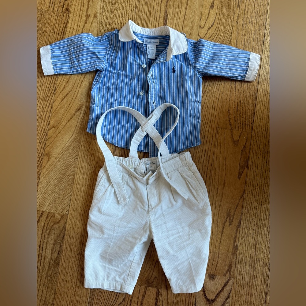 Ralph Lauren Blue Striped Button-Up with White Suspender Trousers